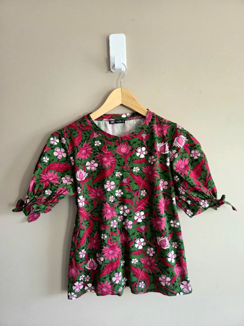 Zara 100% Cotton Pink Green Floral Puff Tie Sleeve Blouse Top Peasant Boho Top